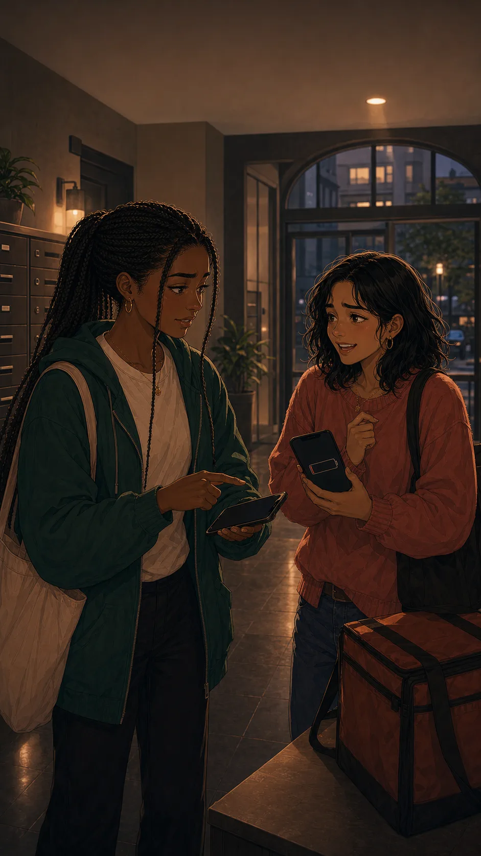 Two fictional friends stand in a generic apartment lobby during a delivery favor.