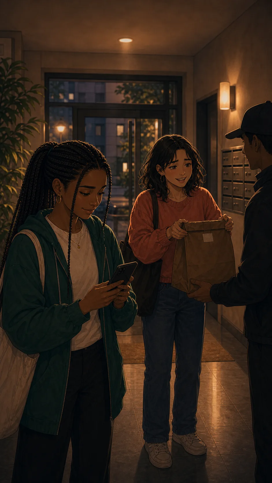 A fictional delivery handoff goes smoothly in a generic lobby.
