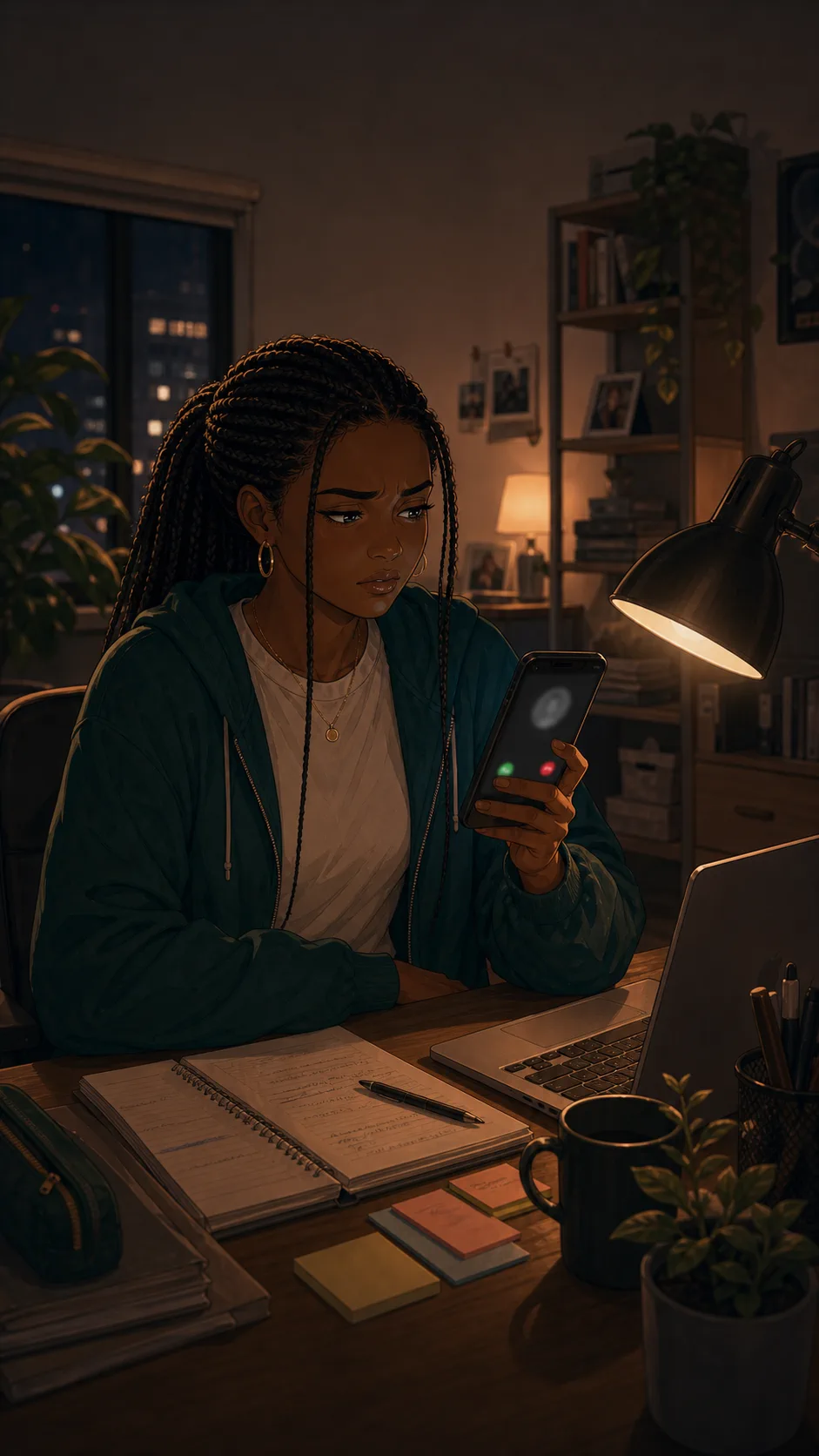 A fictional woman looks confused as her phone lights up with a blurred delivery call.
