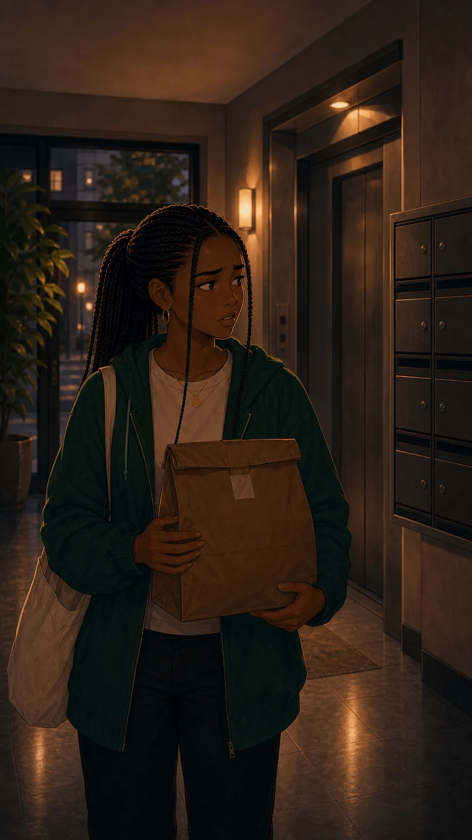 A fictional woman stands in a generic lobby holding a delivery bag that is not hers.