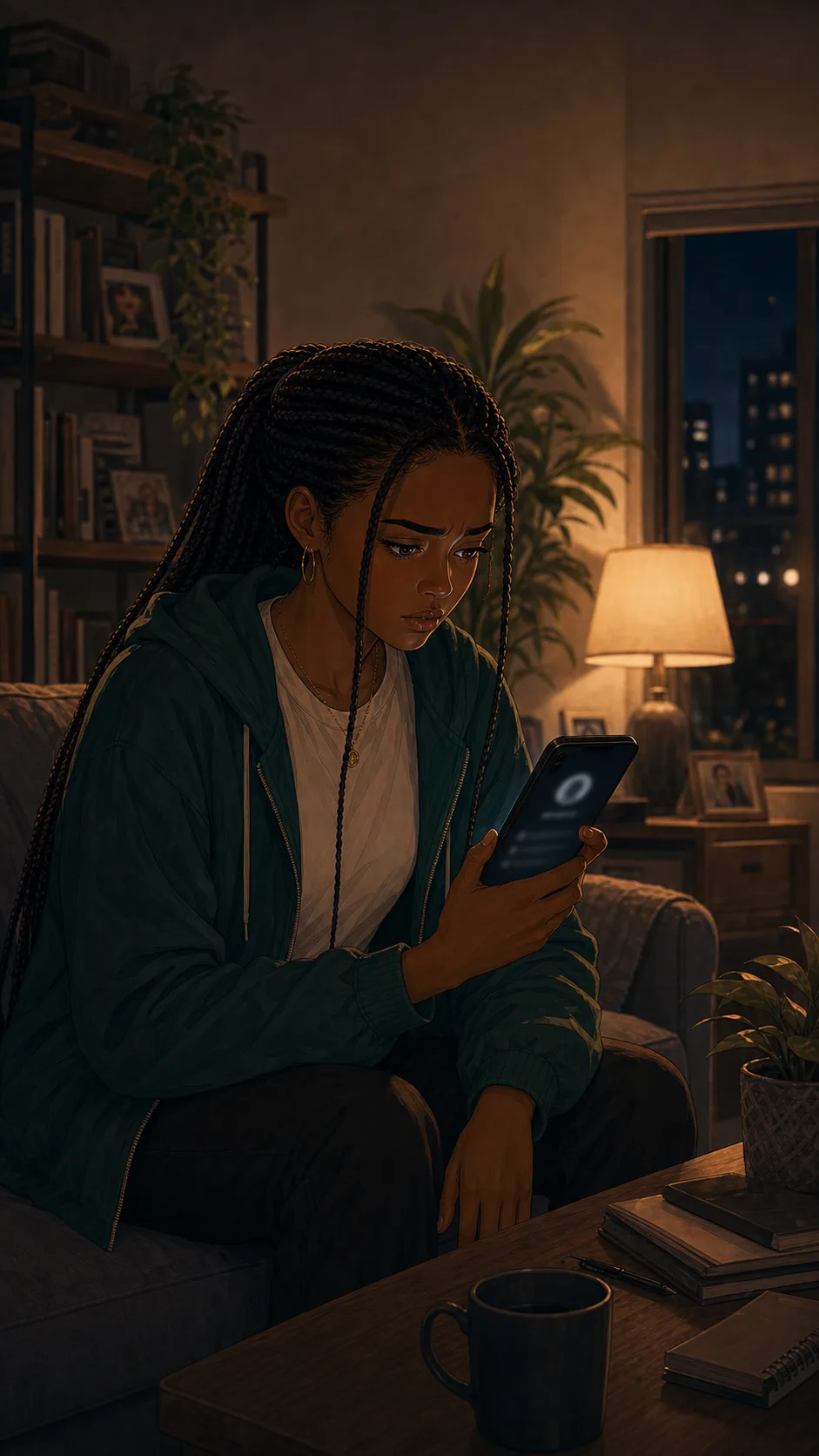 A fictional woman realizes her number is saved on a blurred delivery contact screen.