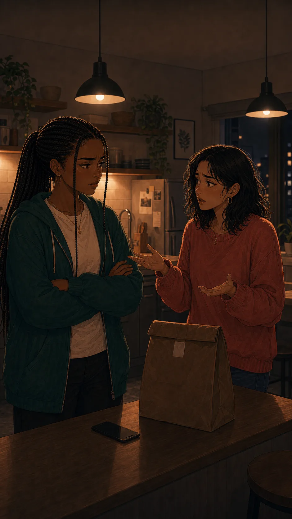 Two fictional friends discuss repeated delivery calls in a generic kitchen.