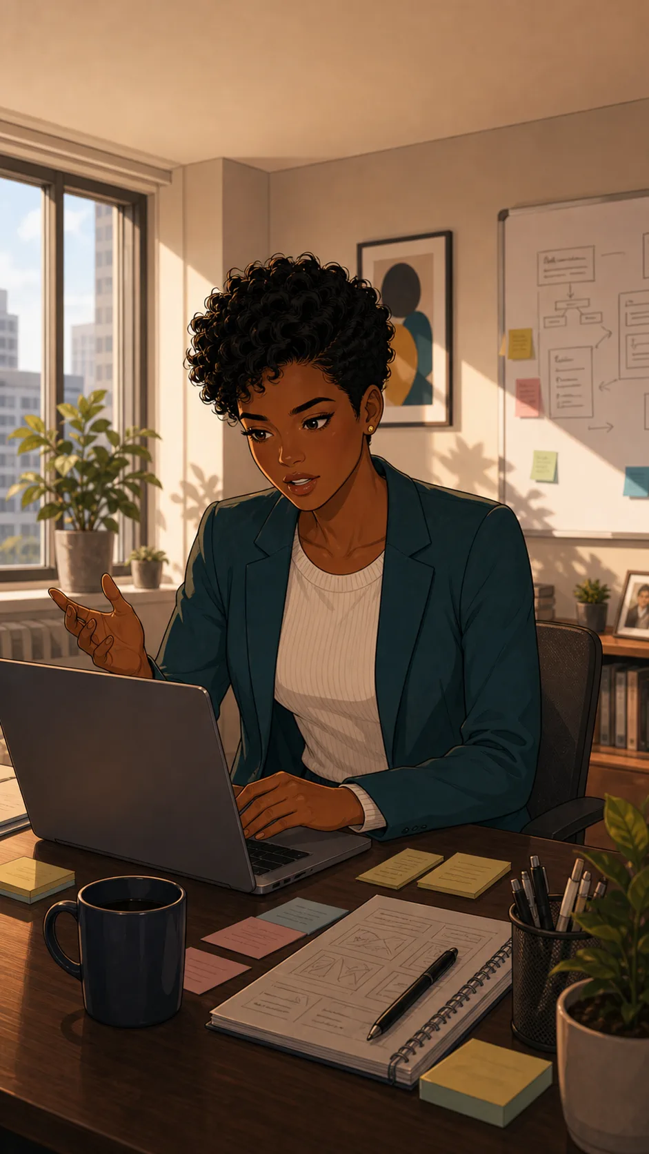 A fictional product specialist rehearses a client demo at a generic office desk.
