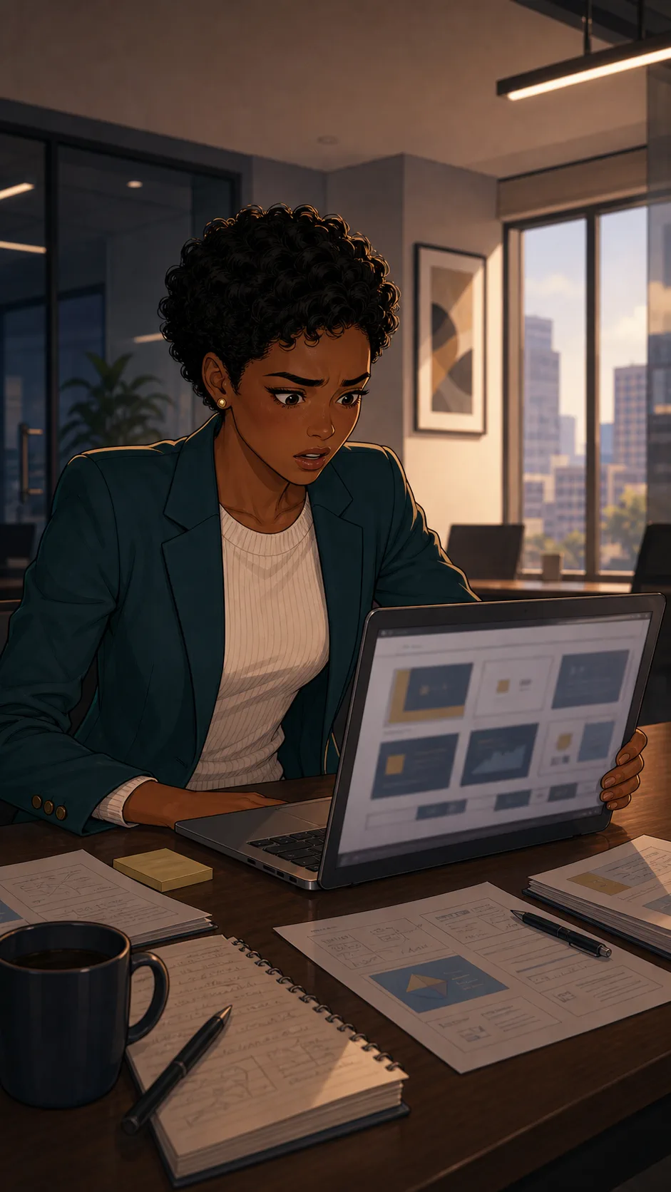 A fictional product specialist freezes when her rehearsal notes no longer match a blurred presentation.