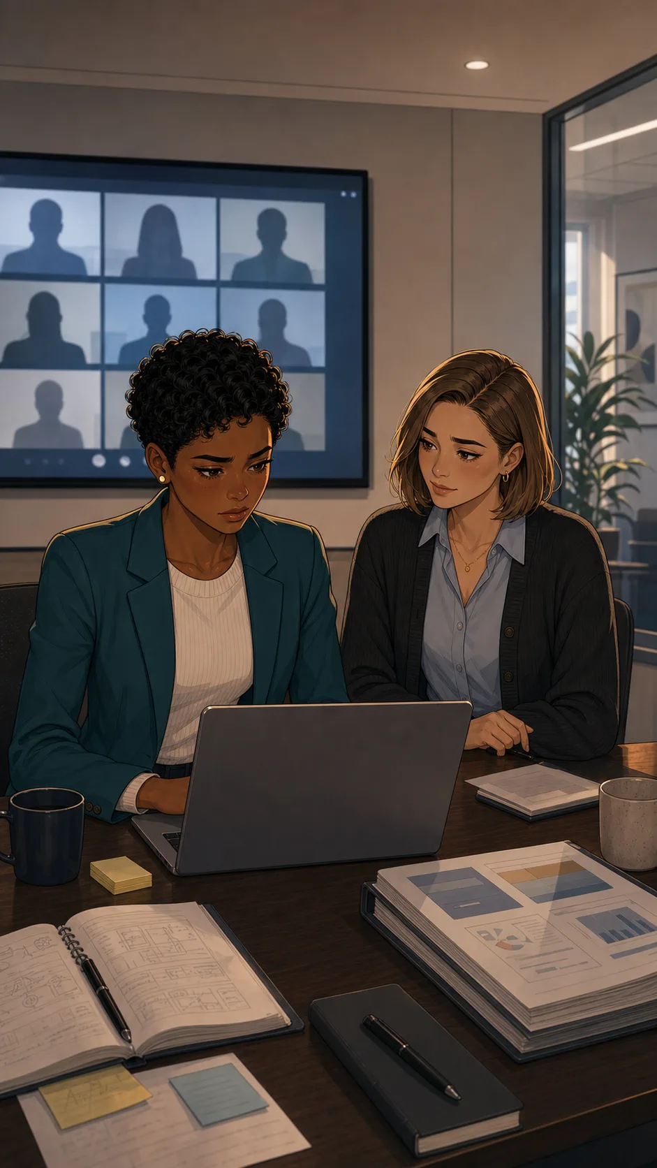 Two fictional coworkers sit in a generic meeting room as a client call begins.