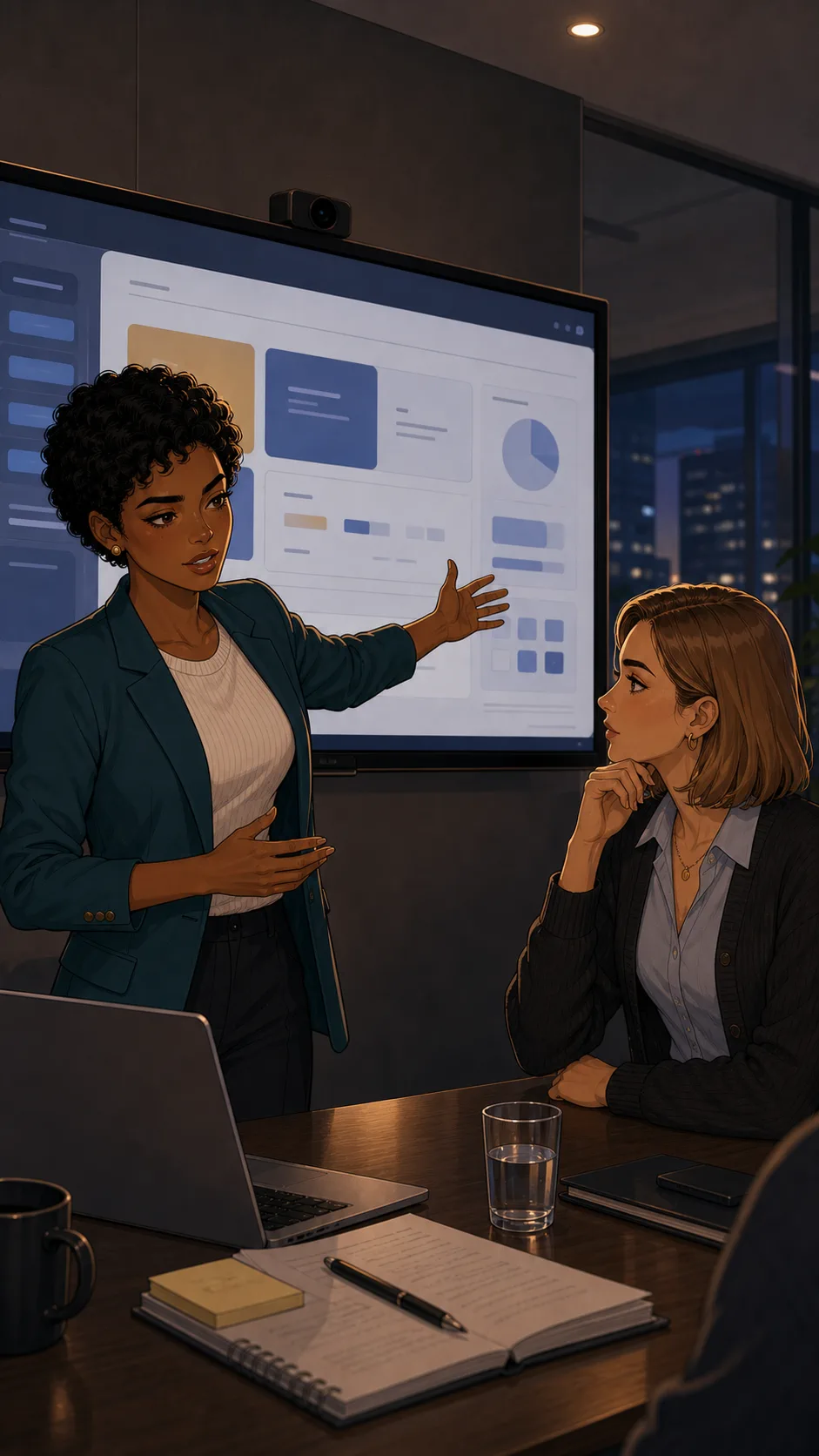 A fictional product specialist presents a generic demo while her teammate watches closely.