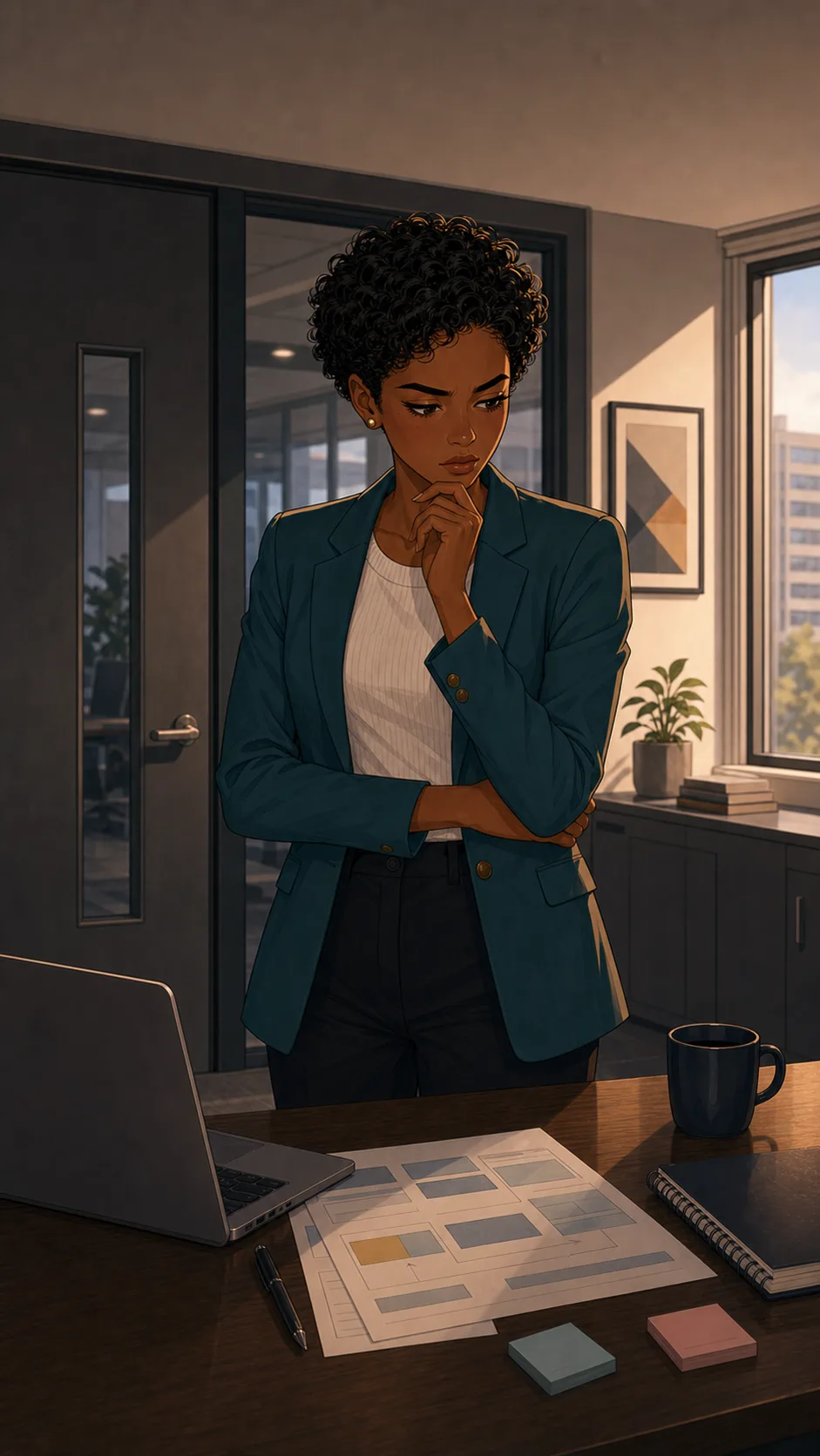 A fictional product specialist stands between a laptop and printed demo flow, deciding what to do next.