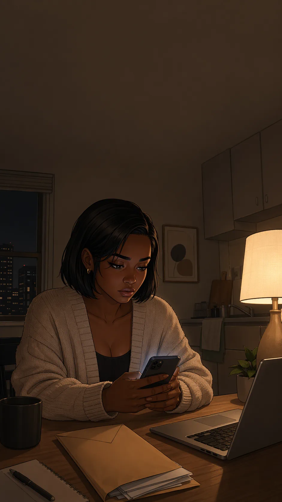 A fictional young woman sits at a kitchen table late at night, looking at a glowing phone beside rent paperwork.