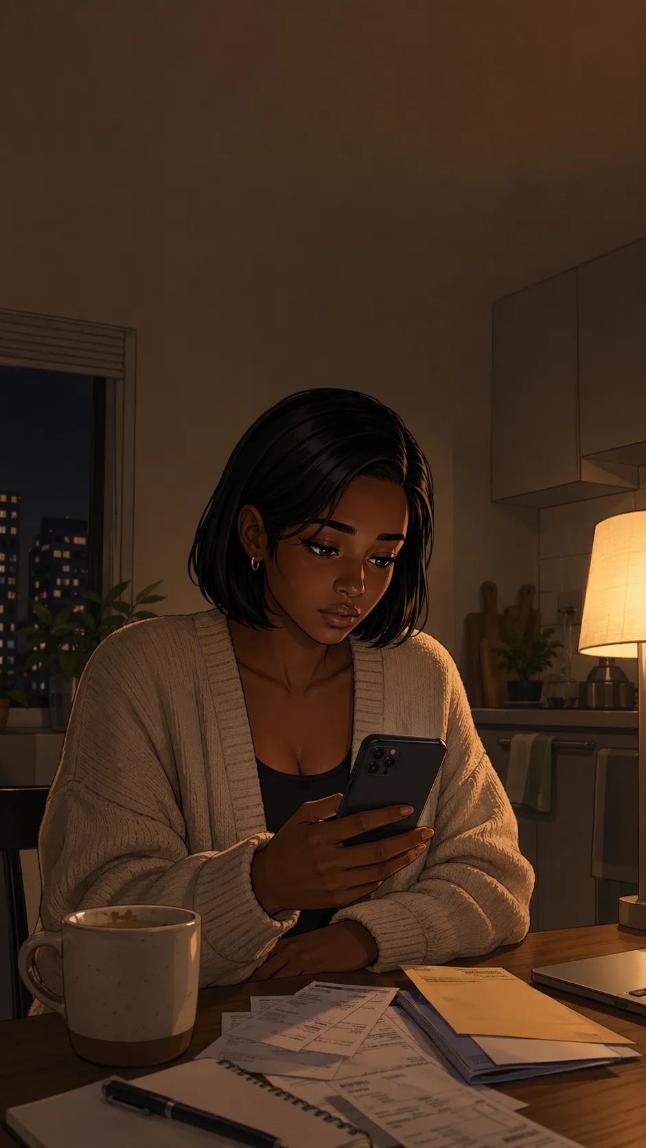 A fictional young woman looks down at her phone after sending money from her own tight budget.
