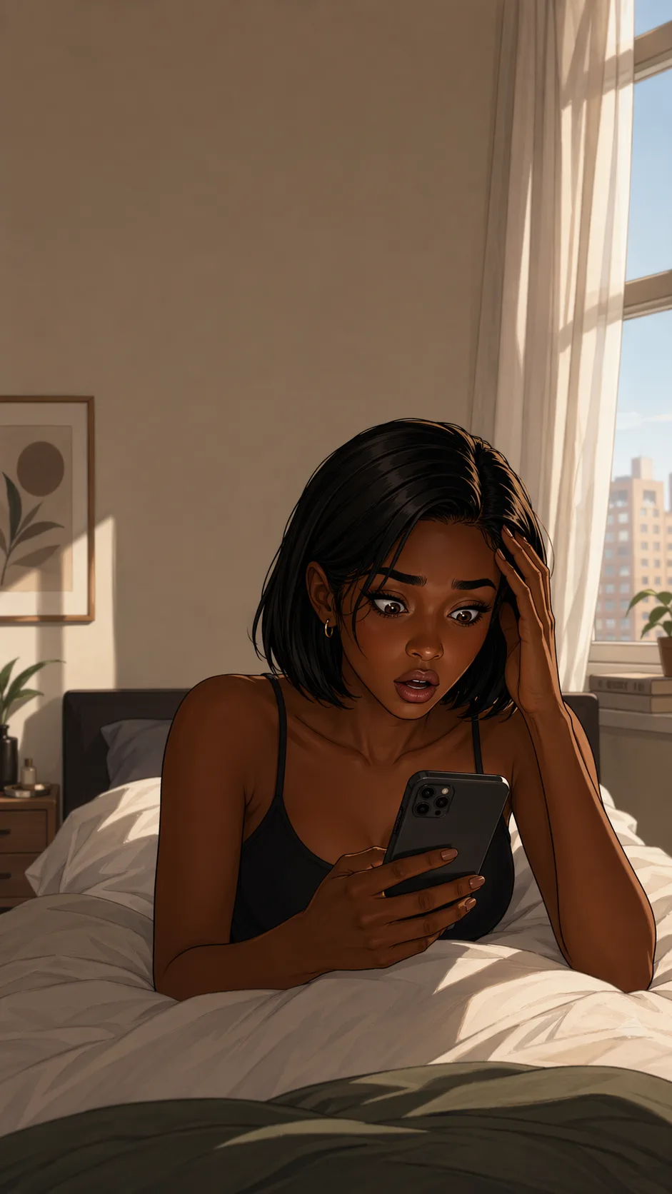 A fictional young woman sits up in bed staring at her phone in disbelief after seeing a flashy post.