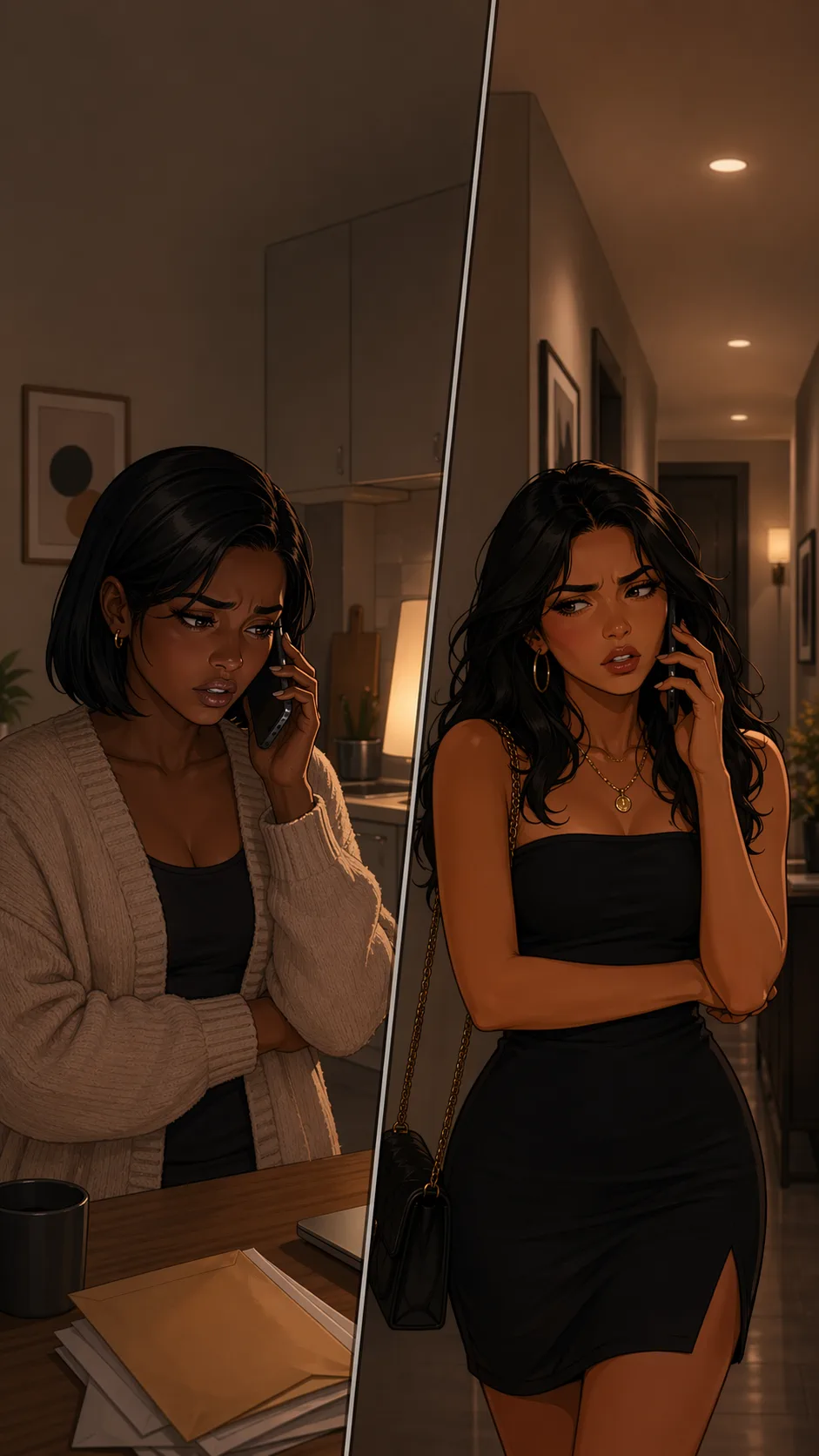 Two fictional friends speak tensely on the phone from separate apartments, both looking defensive.