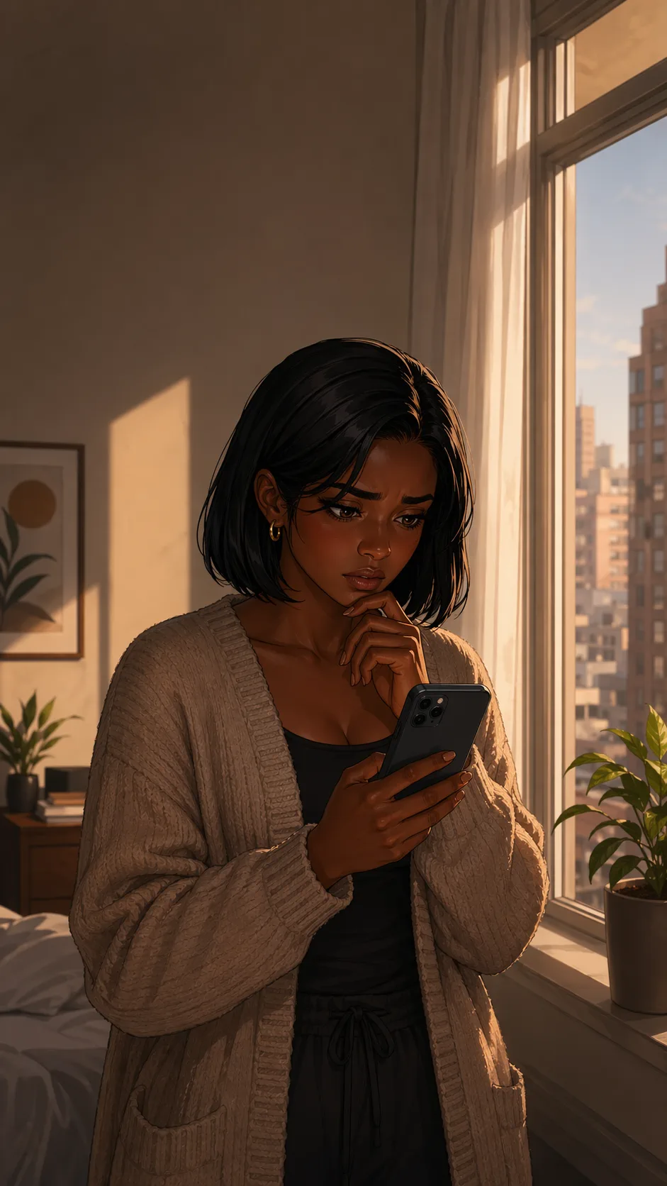 A fictional young woman stands by a window reading split opinions on her phone, looking conflicted.