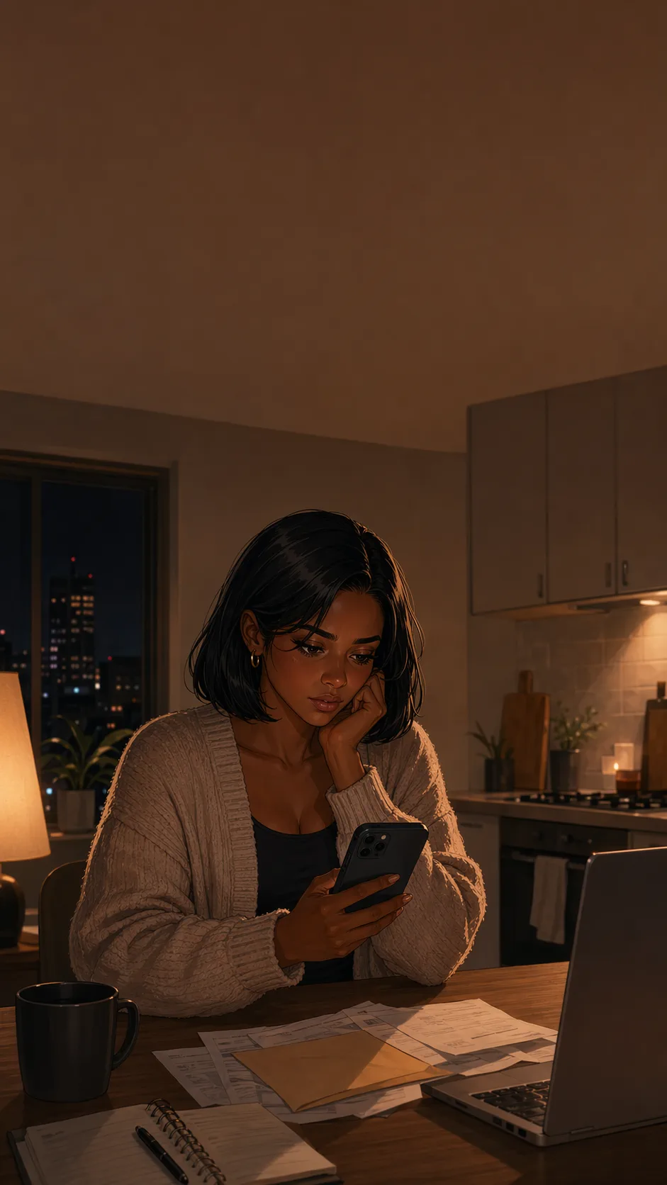 A fictional young woman sits at her kitchen table at night deciding what boundary to set after a money conflict with a friend.