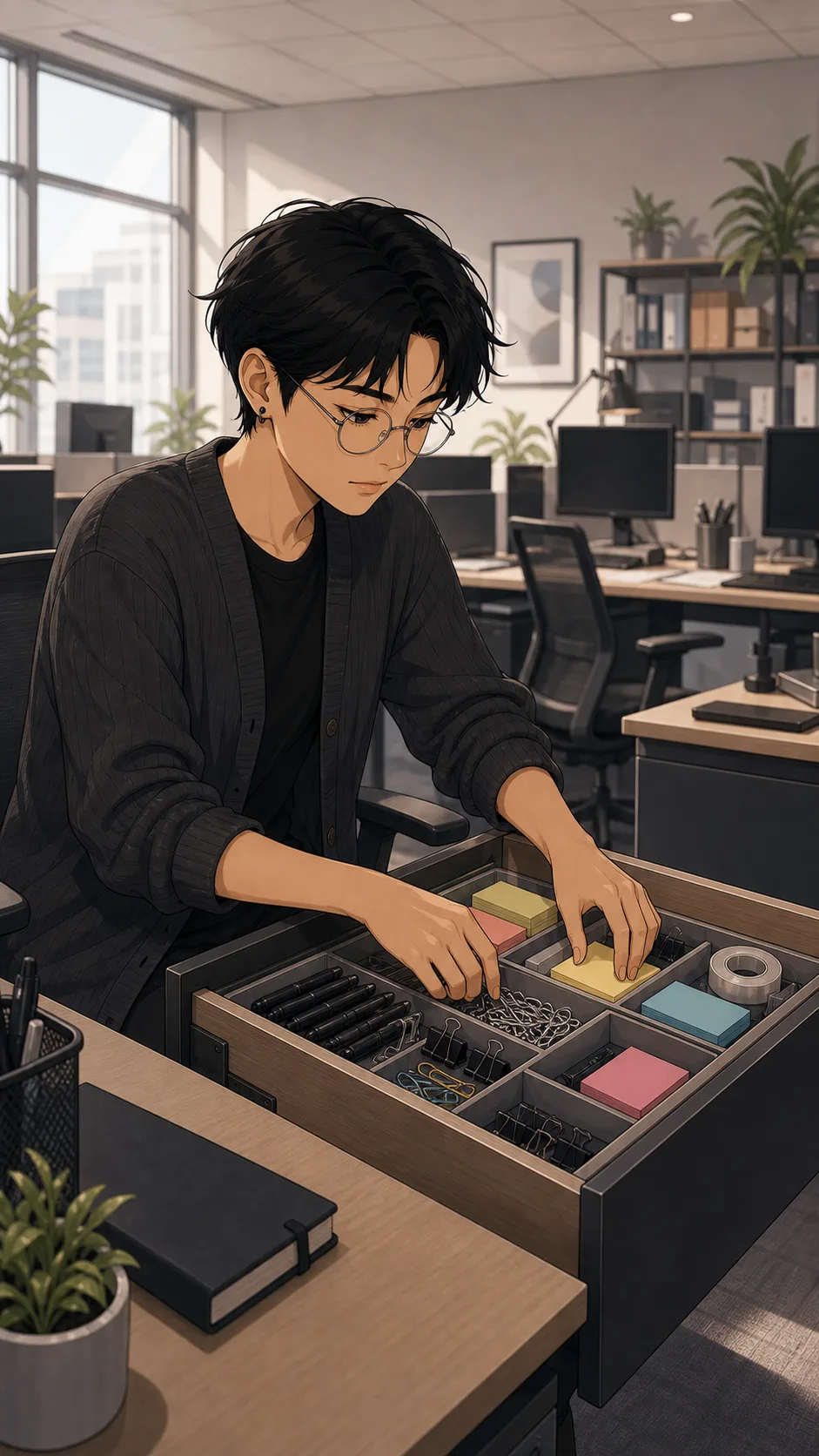 Sam organizes blank office supplies in a personal desk drawer.