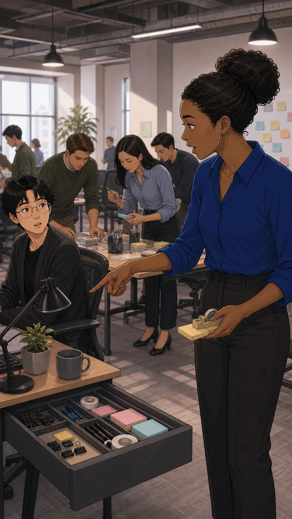 Bree points coworkers toward Sam's desk for supplies.