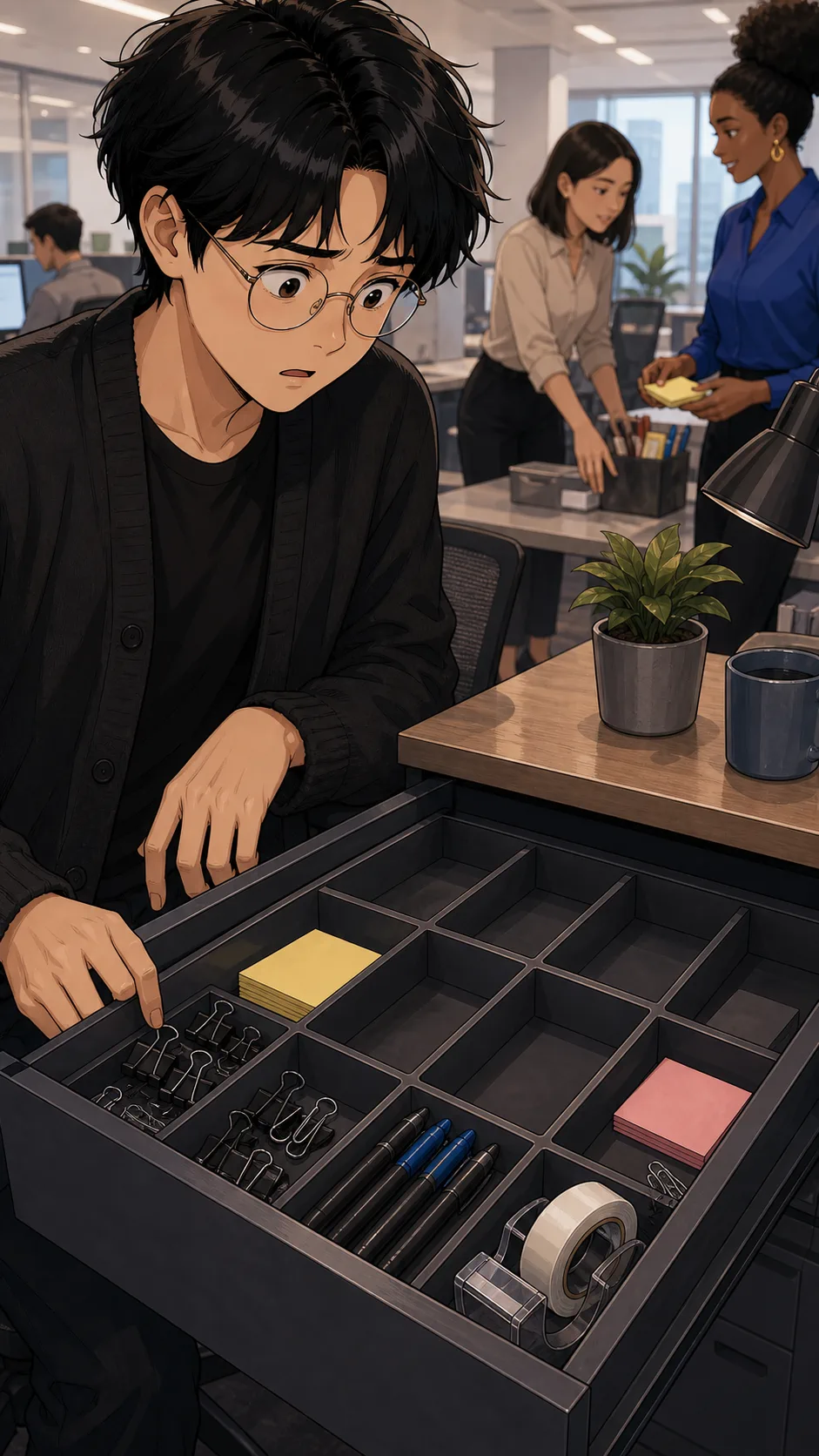Sam opens the desk drawer and sees missing supplies.