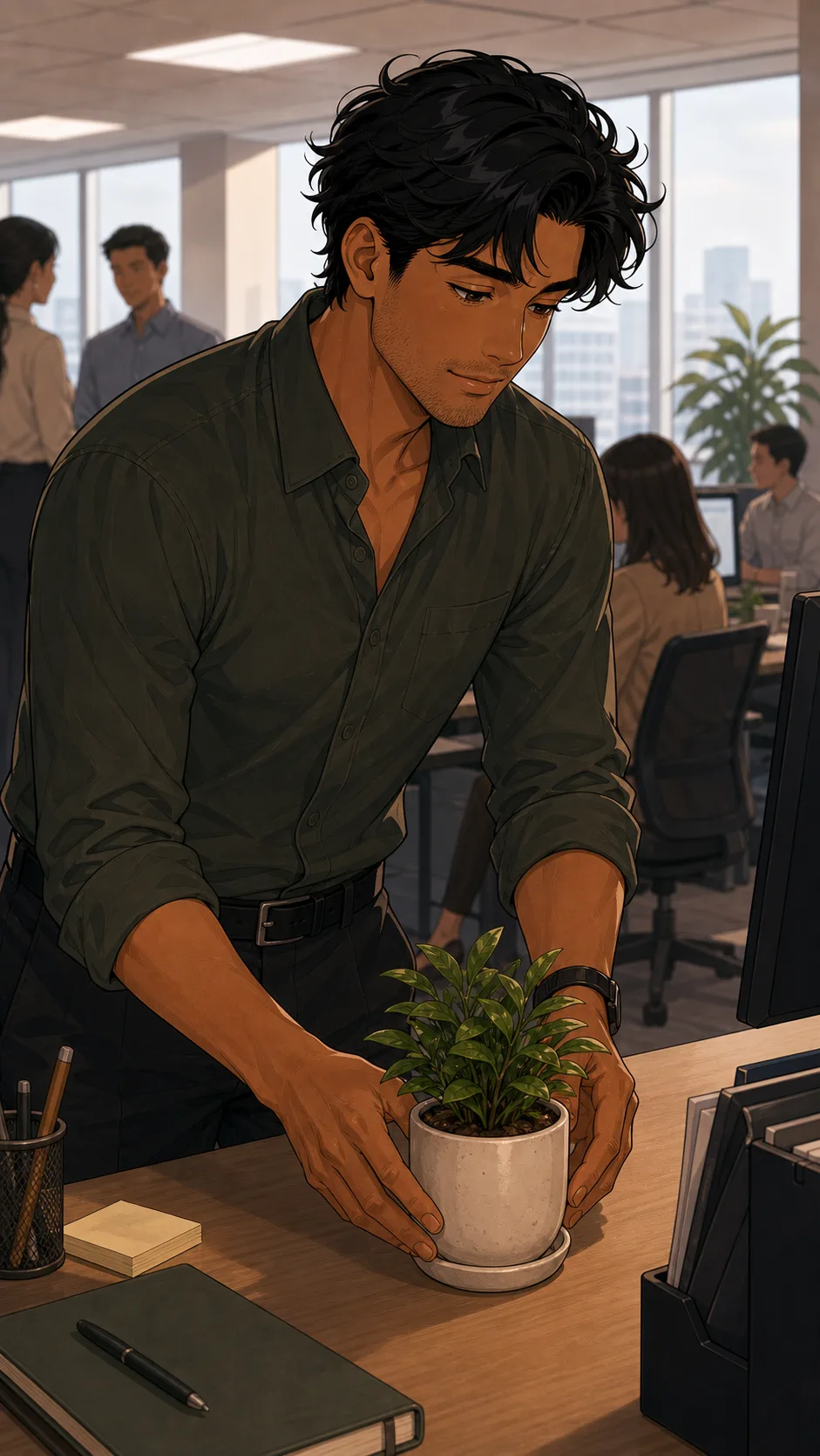 Noah places a small ceramic plant on his office desk.