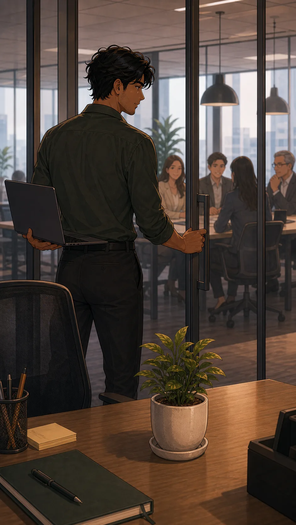 Noah leaves his desk and plant for a long client call.