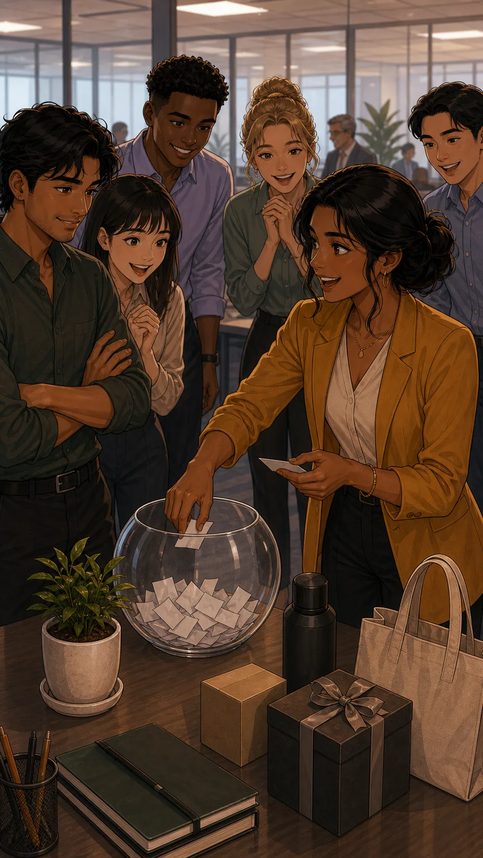 Priya sets up a quick office raffle with Noah's plant on the prize table.