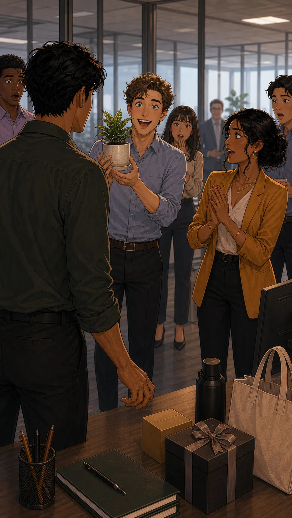 Noah returns and sees a teammate holding his plant as a raffle prize.