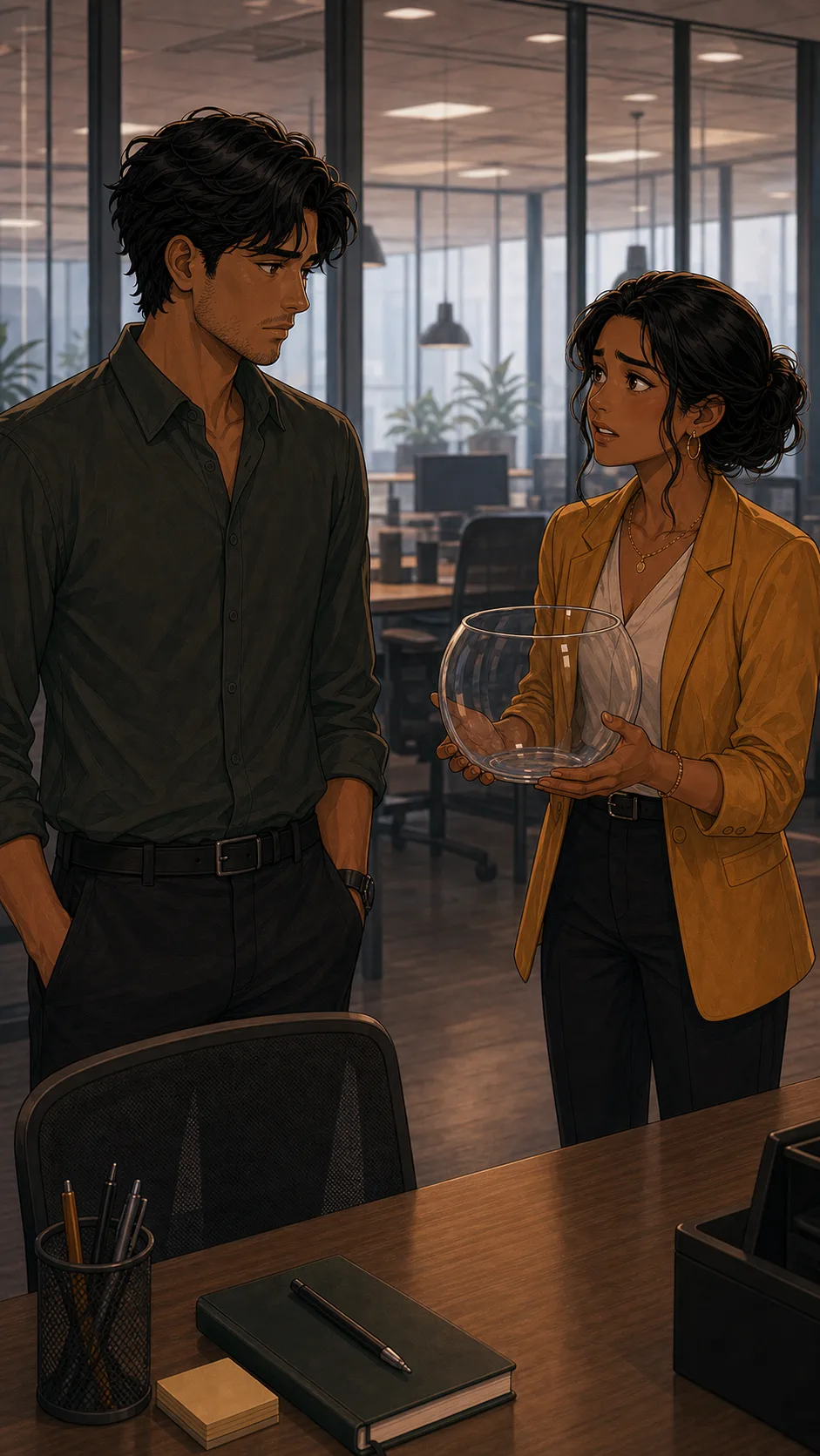 Noah and Priya talk beside Noah's empty office desk.