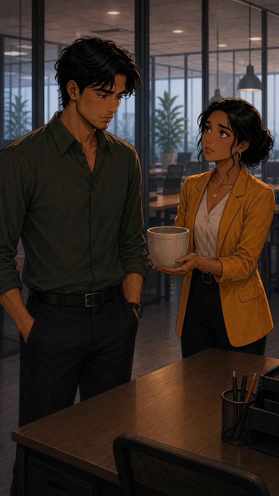 Noah looks at his empty desk while Priya offers a replacement pot.