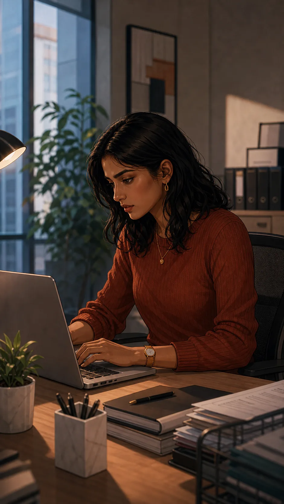 Mina sets a small analog timer on her office desk.
