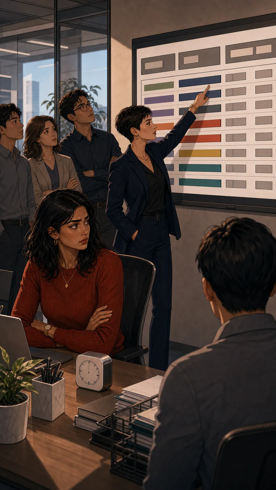 Mina looks startled as coworkers applaud her during a standup.
