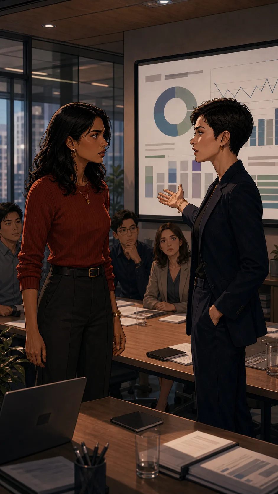 Coworkers compare focus blocks while Mina looks uneasy.