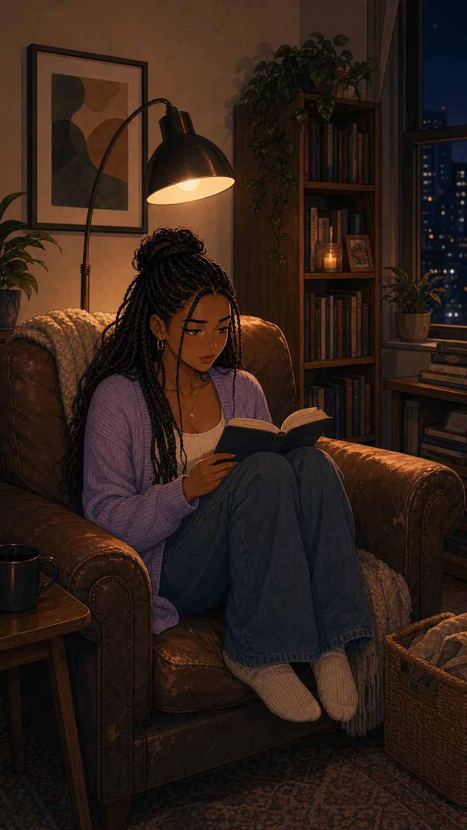 A fictional woman reads peacefully in a worn chair in a cozy apartment corner.
