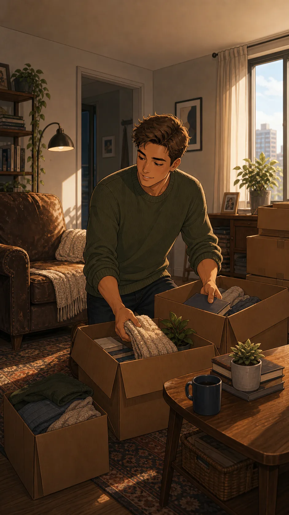 A fictional man sorts donation boxes in an apartment during a cleanup day.