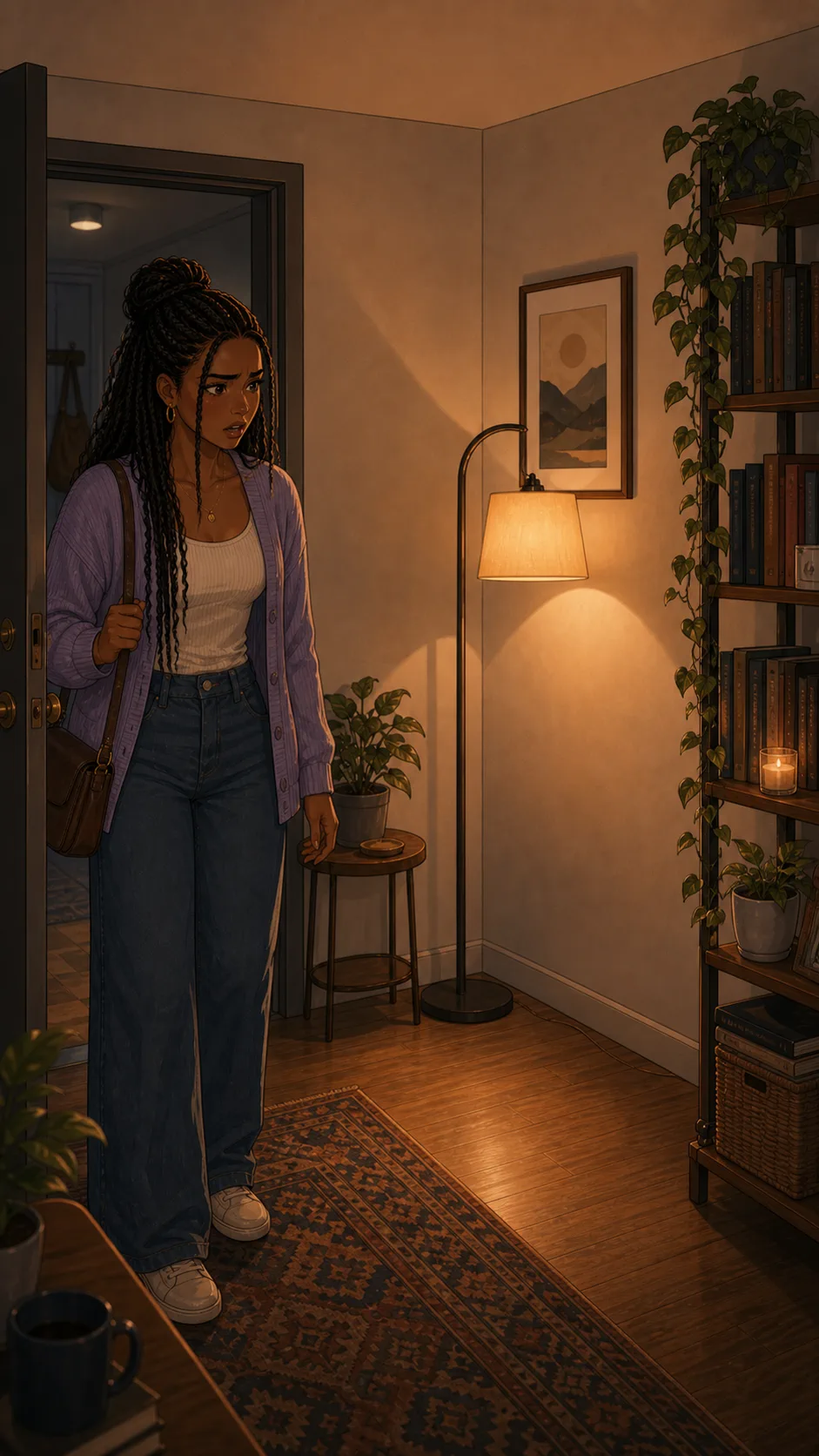 A fictional woman freezes in front of an empty apartment corner where a chair used to be.