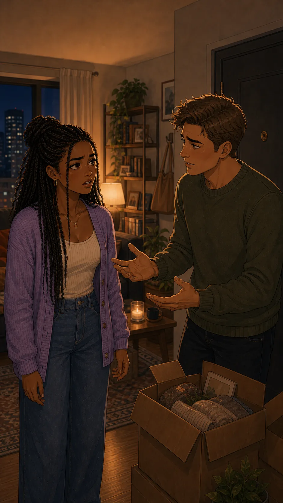A fictional man explains a cleanup decision while his partner looks hurt beside donation boxes.