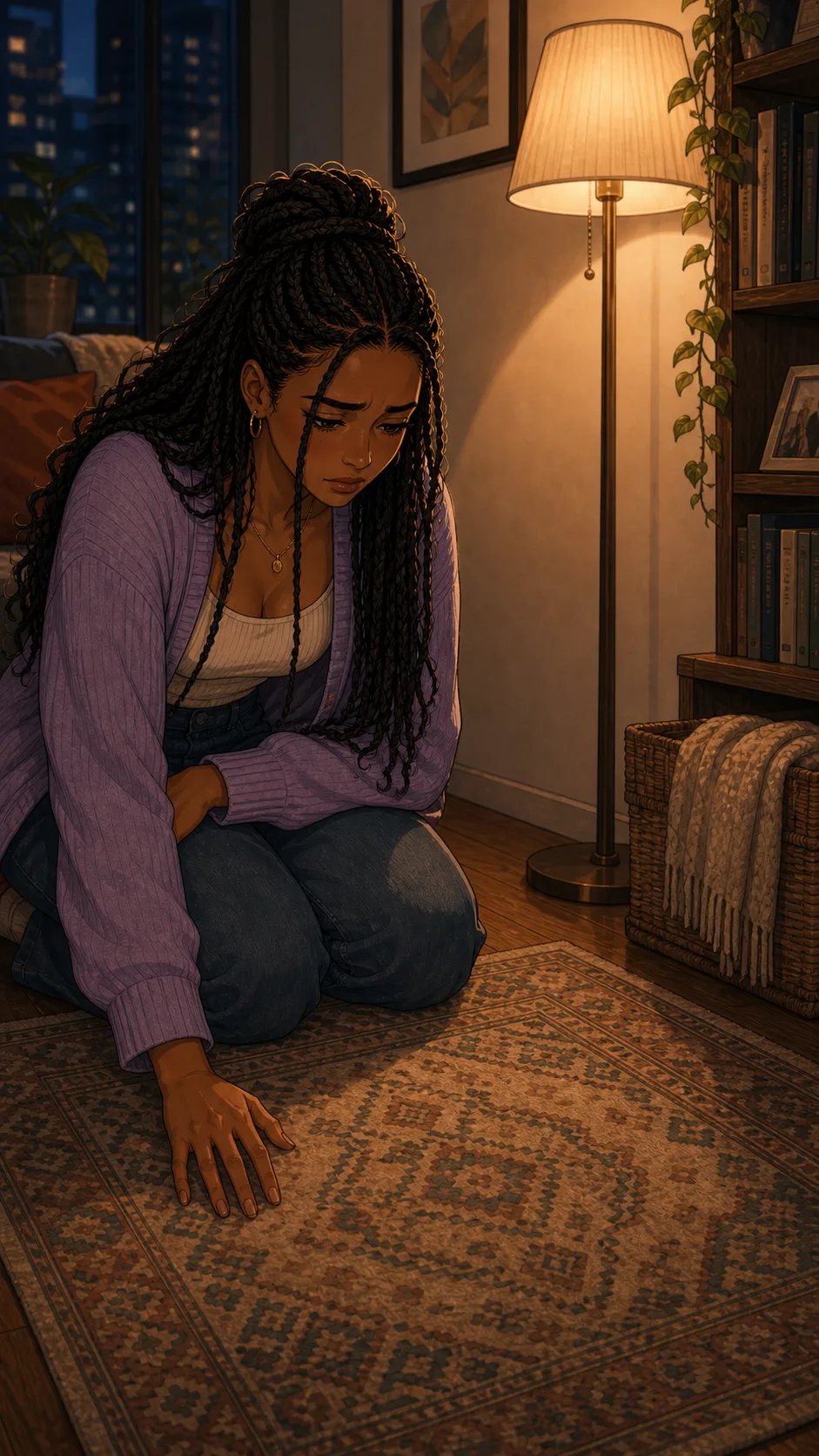 A fictional woman touches the empty rug spot where her reading chair used to sit.