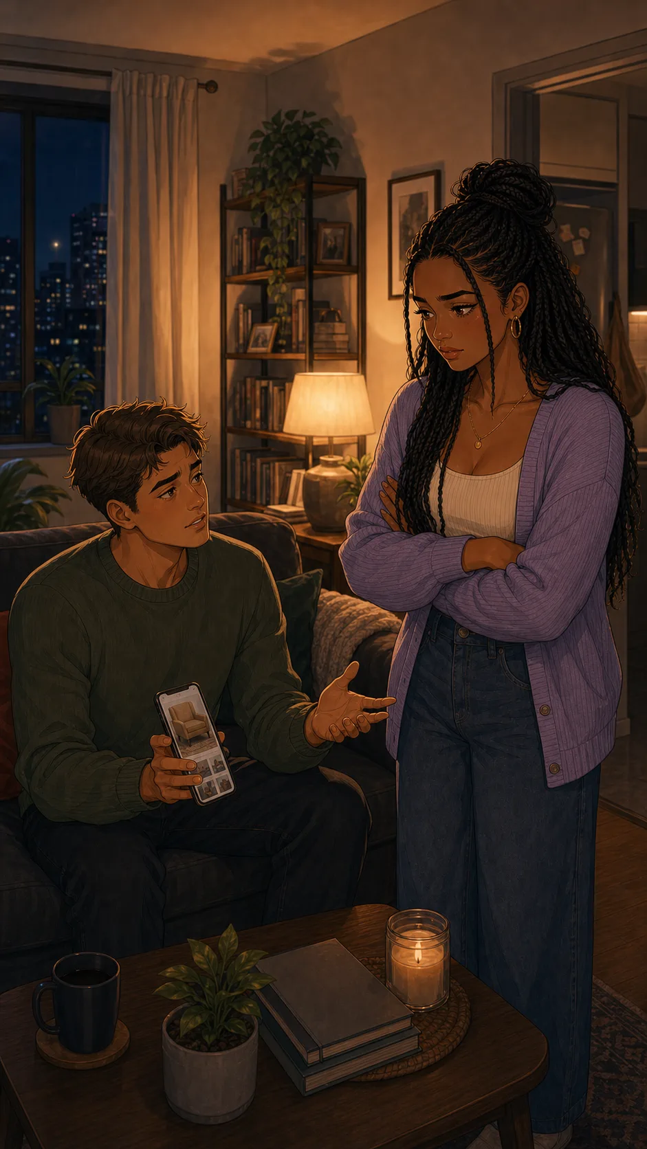 A fictional man offers to replace a chair while his partner looks conflicted.