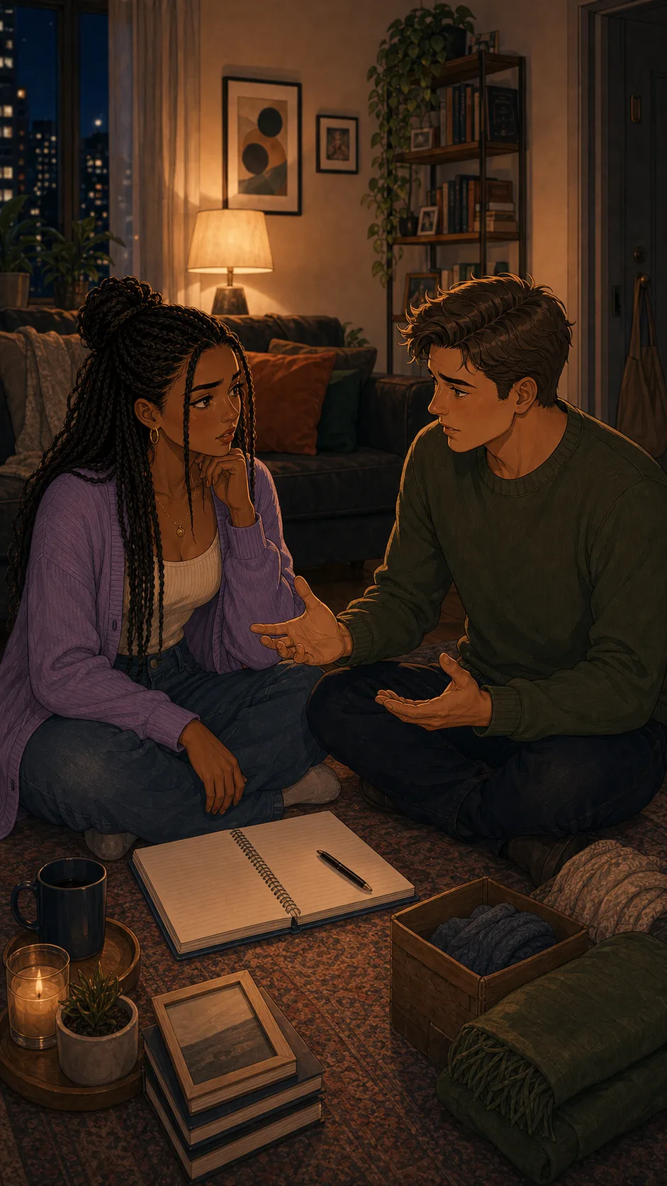 A fictional couple sits on the floor discussing household items and boundaries.