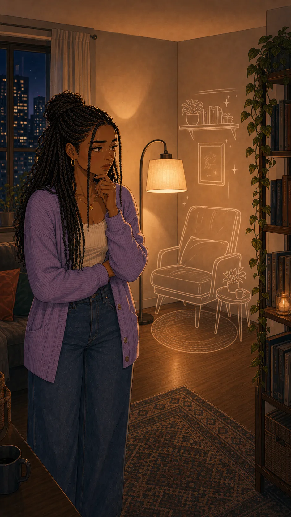 A fictional woman stands in an empty reading corner, deciding how to repair a relationship boundary.