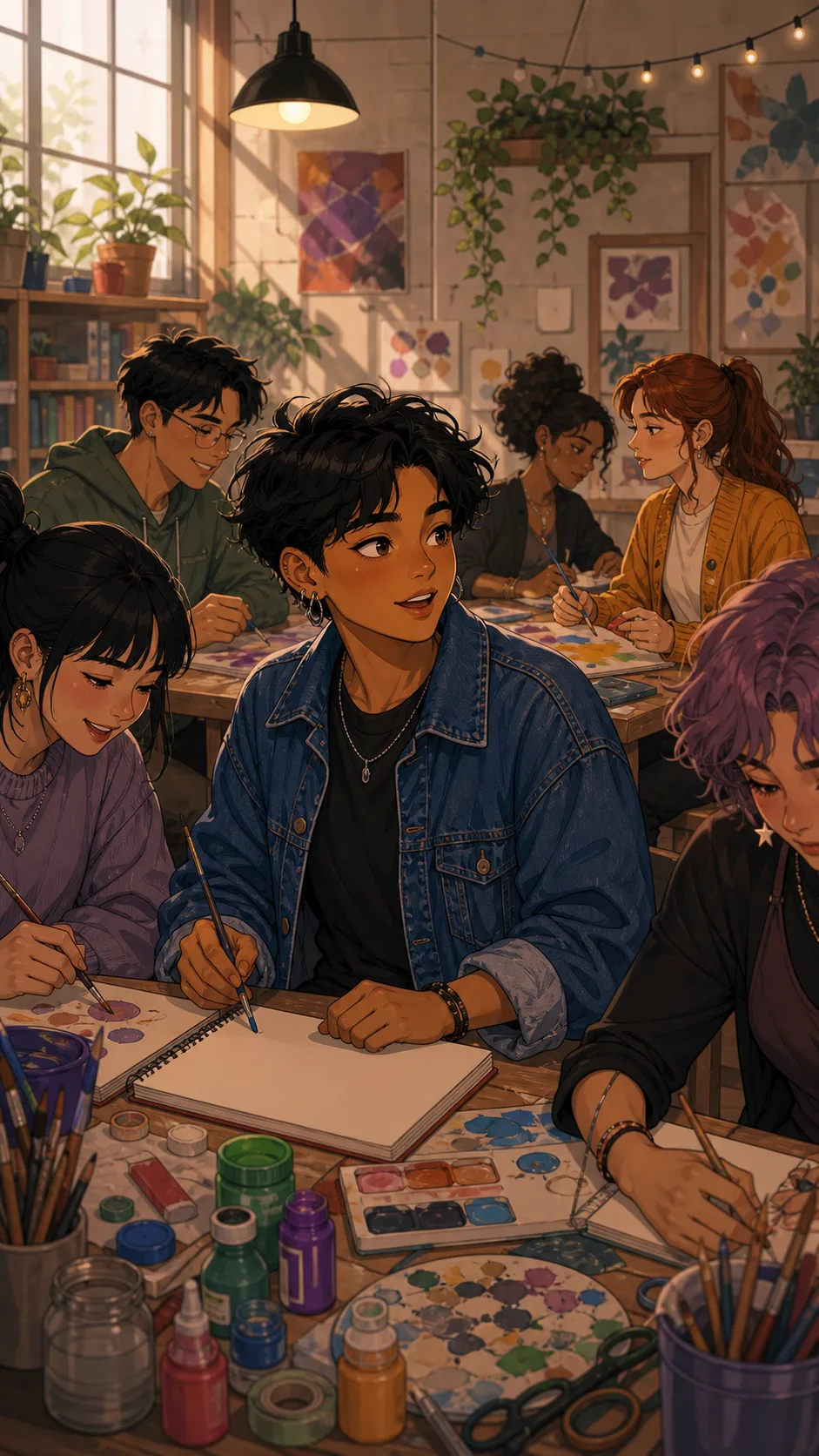 Ren sits in a community art room with sketchbooks and supplies.