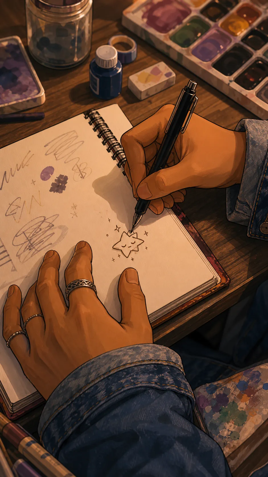 Ren draws a tiny doodle in a sketchbook margin.