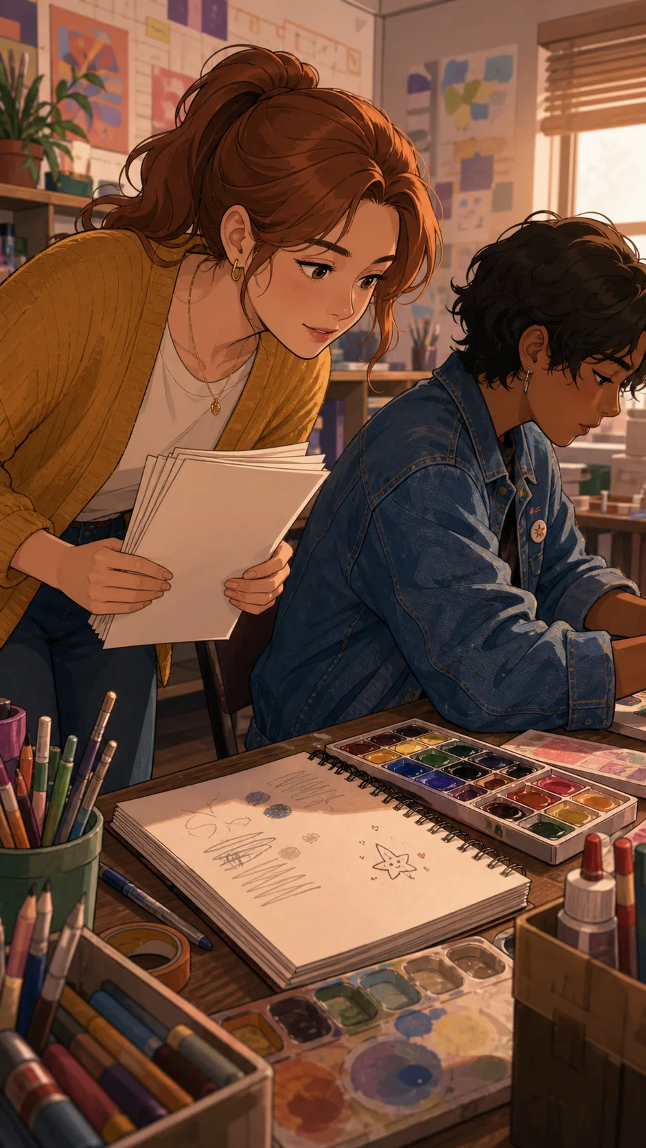 Claire notices Ren's sketchbook doodle while collecting forms.