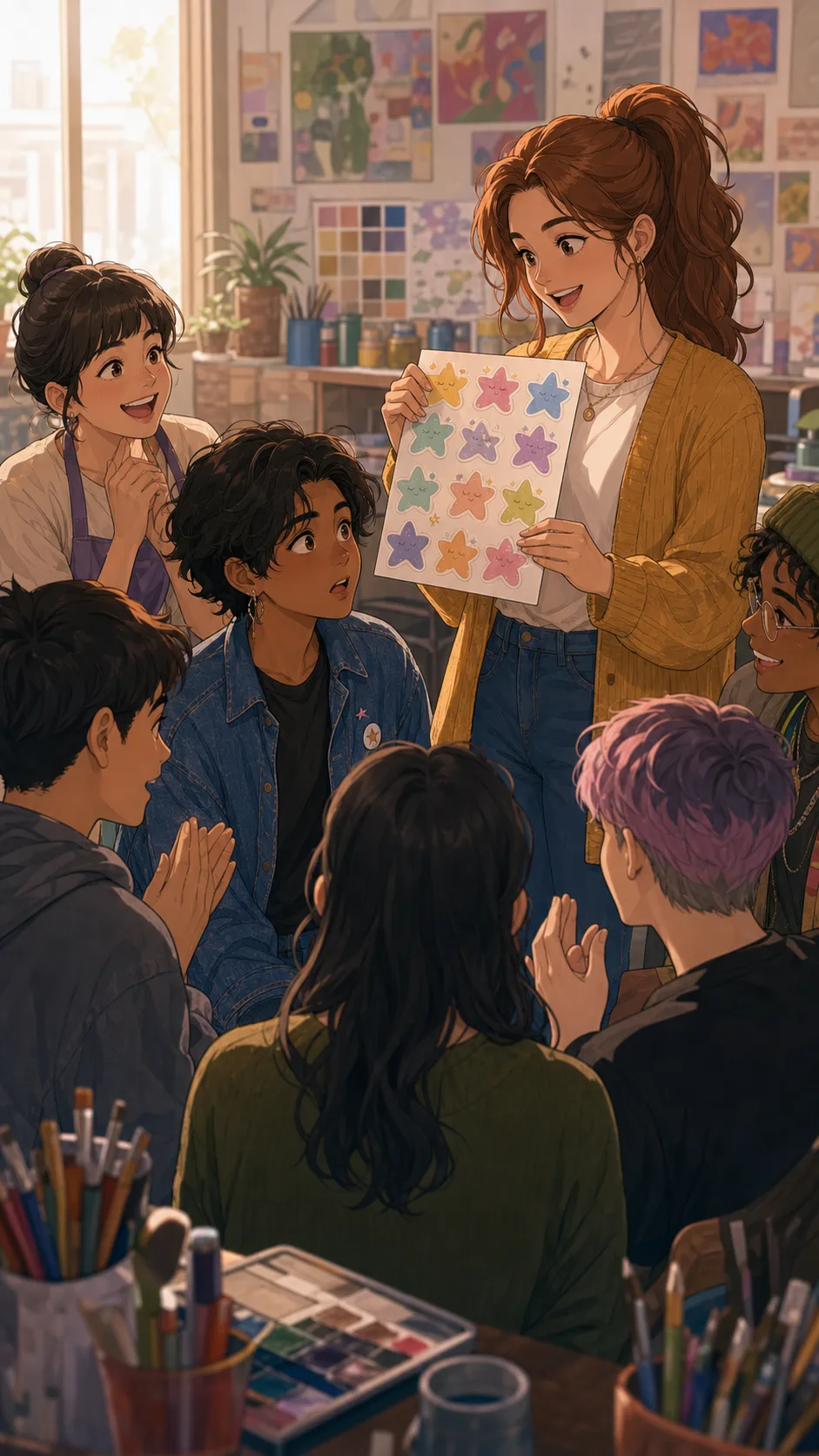 Claire reveals club stickers based on Ren's doodle.