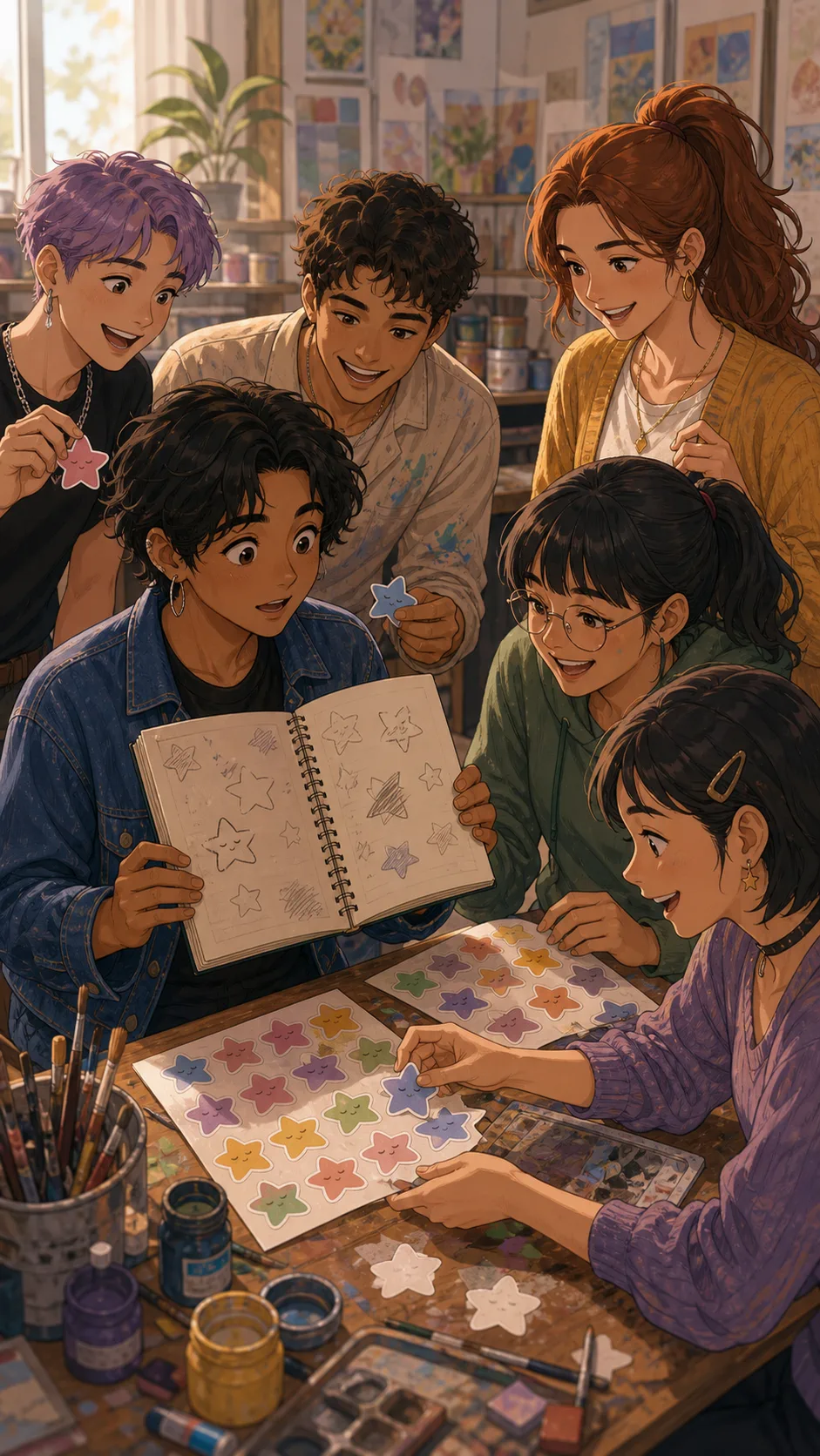 Art club members take stickers while Ren recognizes the doodle.