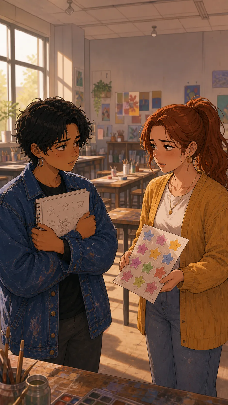 Ren and Claire discuss the printed stickers after art club.