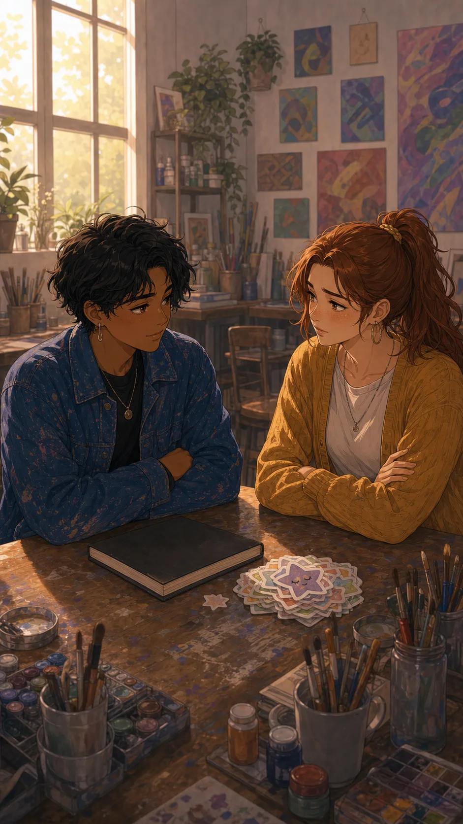 Ren and Claire sit with a sketchbook and sticker sheet between them.