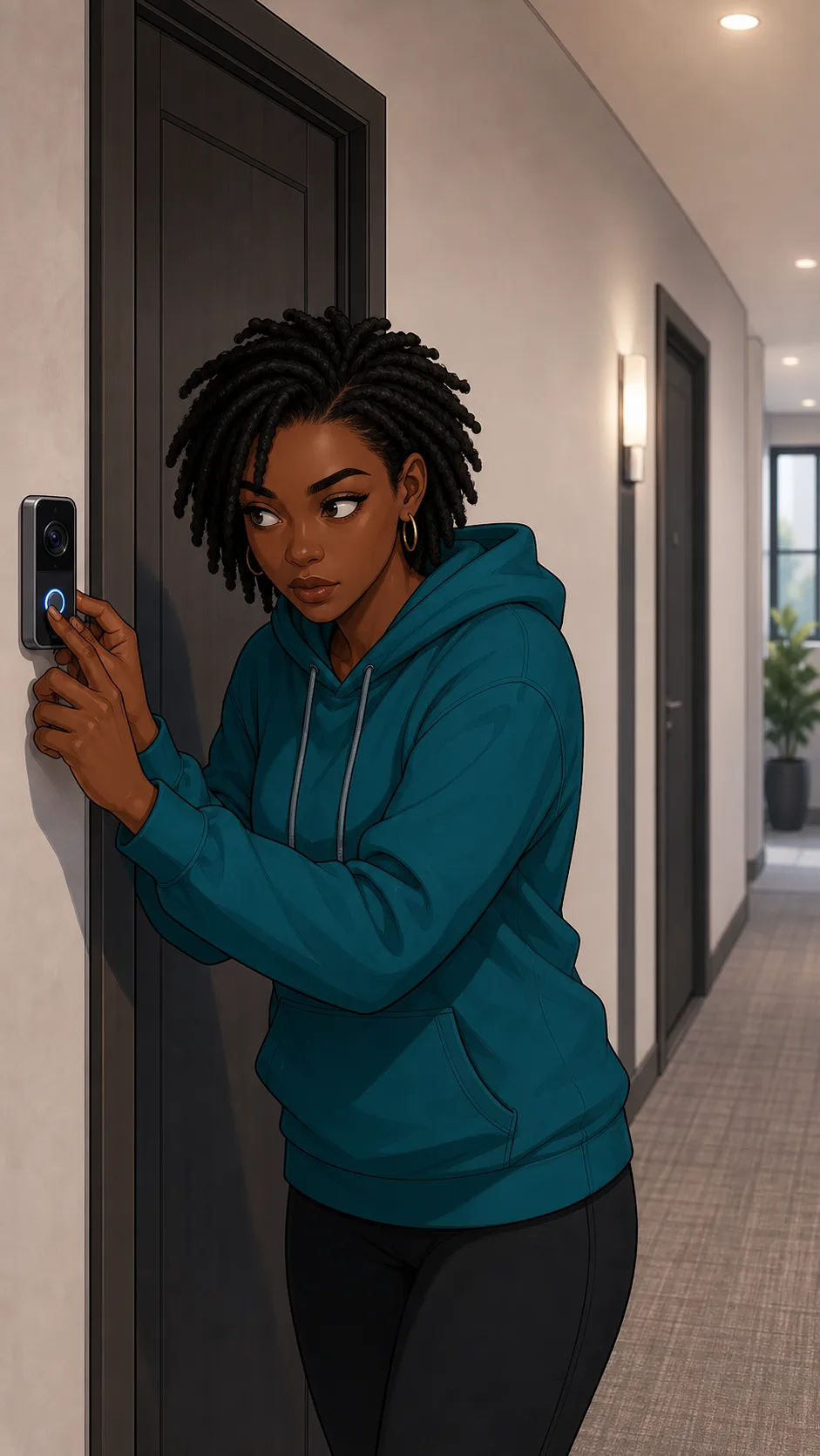 Nia adjusts a doorbell camera beside her apartment door.