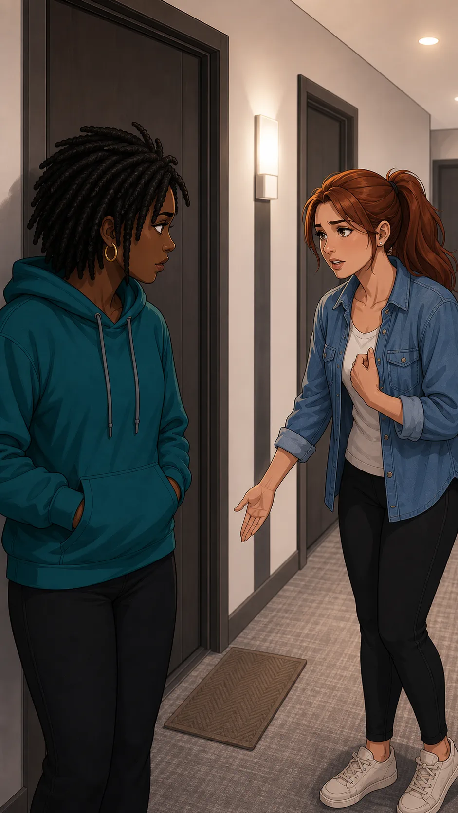 Avery asks Nia for help near an empty package spot in the hallway.