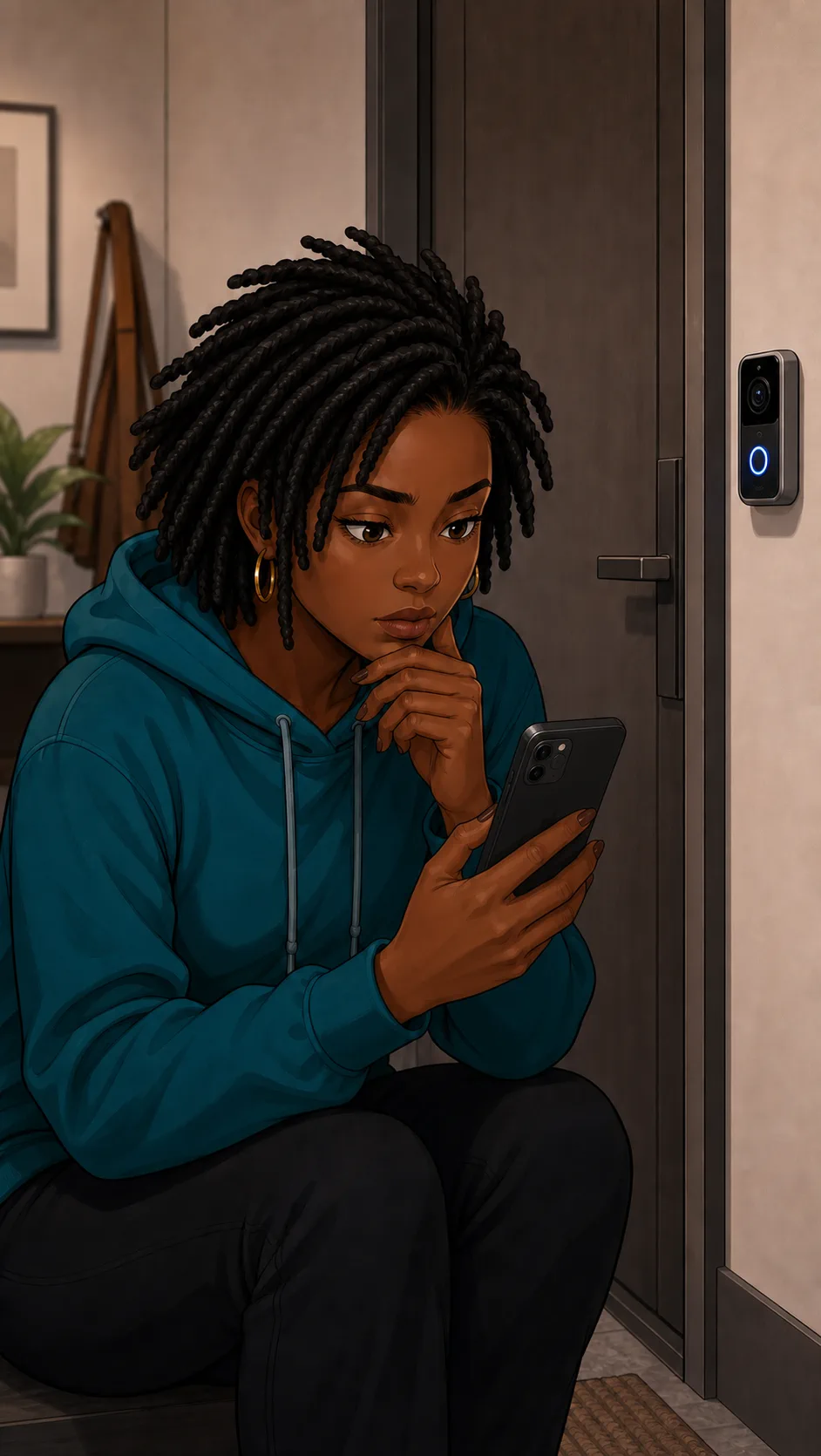 Nia reviews an unreadable doorbell camera clip on her phone.