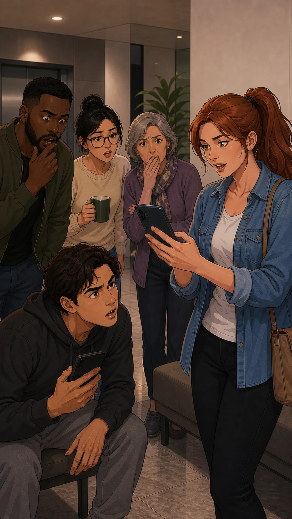 Avery holds her phone while neighbors react in the apartment lobby.