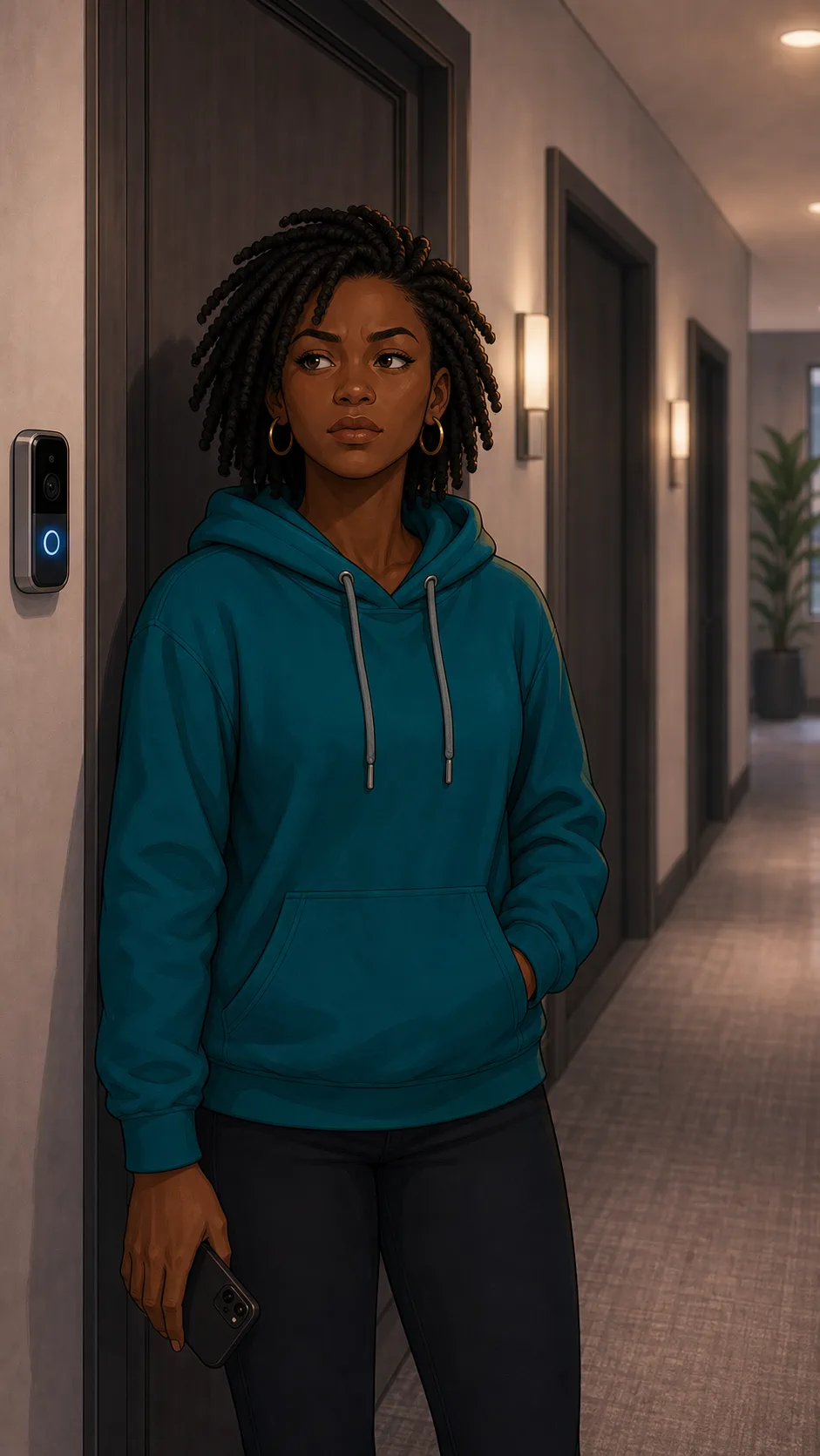 Nia stands beside her doorbell camera deciding what to do next.