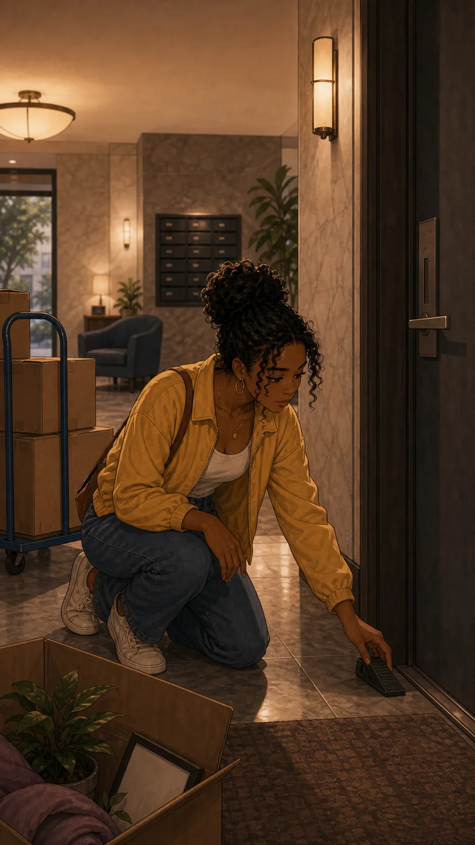 Harper places a rubber doorstop by a lobby door during moving day.
